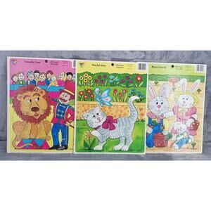 3 vtg 1988 puzzles Color Guild Press Bunnies, cat, circus frame-tray